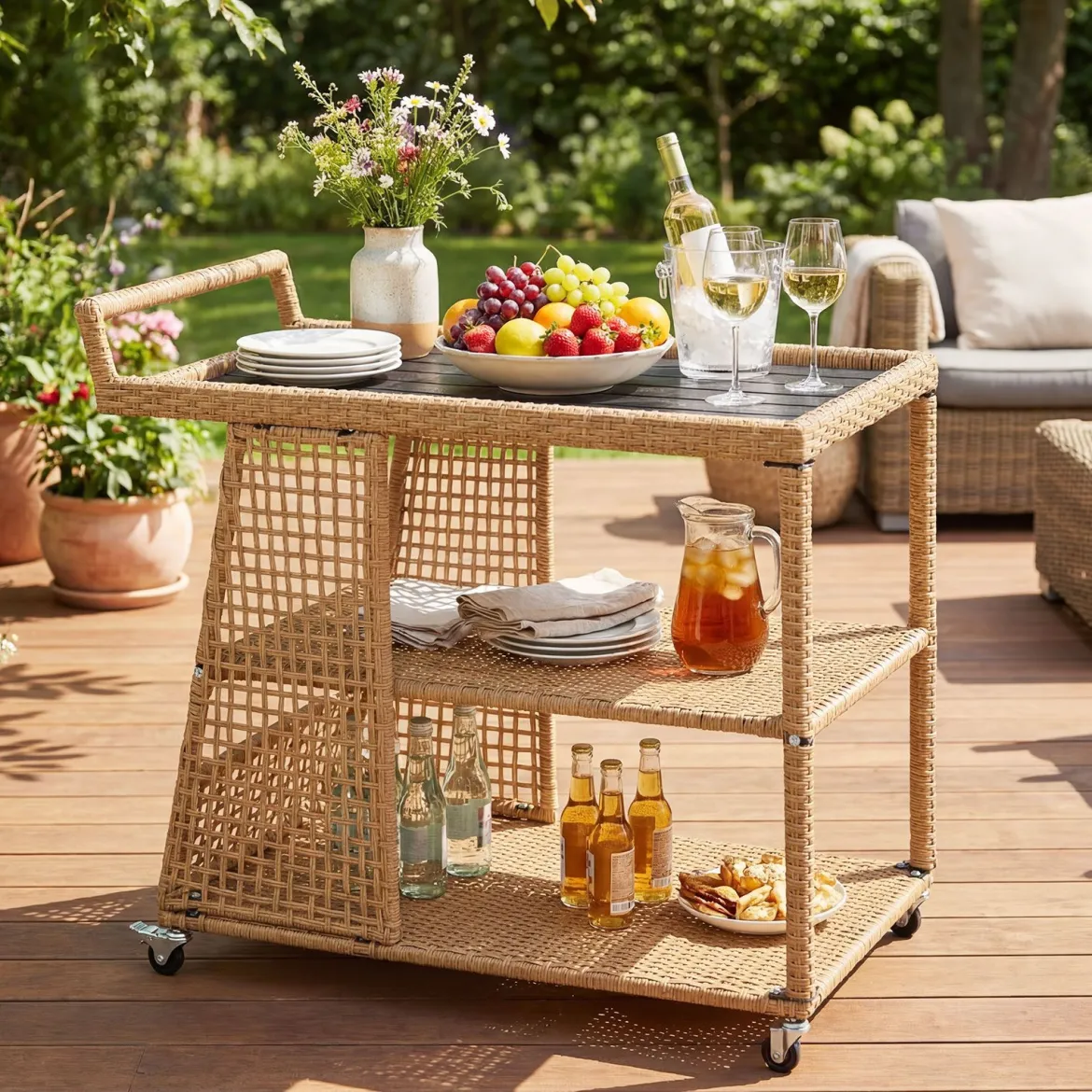 Rattan Servierwagen mit Rollen & Arbeitsplatte & Offenen Ablagen & Seitlichem Griff Küchenwagen