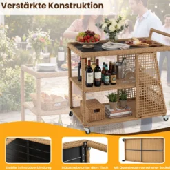 Rattan Servierwagen mit Rollen & Arbeitsplatte & Offenen Ablagen & Seitlichem Griff Küchenwagen
