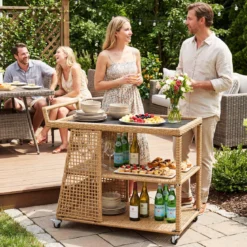 Rattan Servierwagen mit Rollen & Arbeitsplatte & Offenen Ablagen & Seitlichem Griff Küchenwagen
