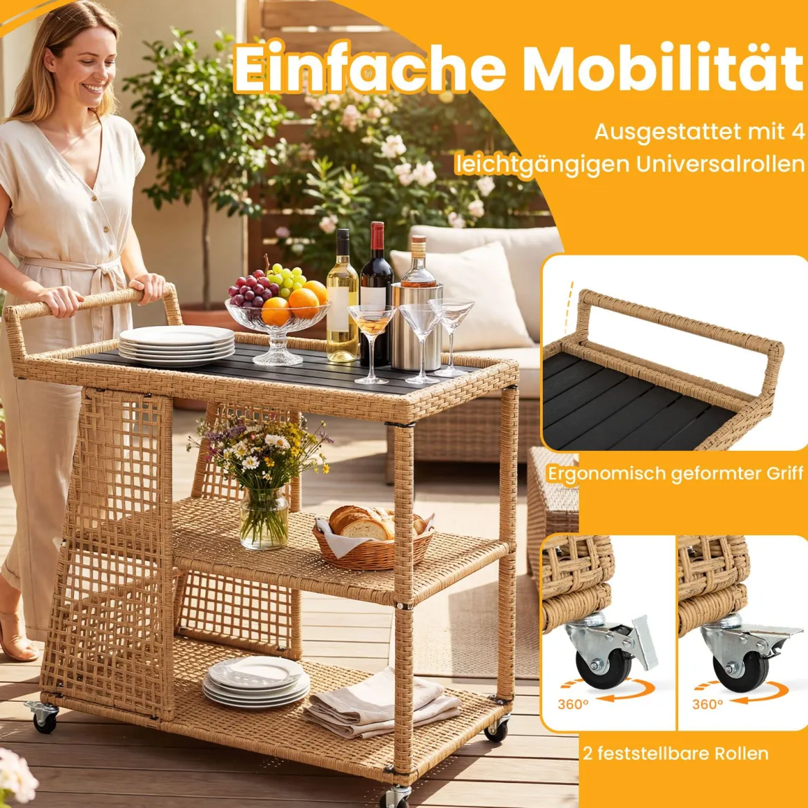 Rattan Servierwagen mit Rollen & Arbeitsplatte & Offenen Ablagen & Seitlichem Griff Küchenwagen
