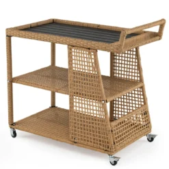 Rattan Servierwagen mit Rollen & Arbeitsplatte & Offenen Ablagen & Seitlichem Griff Küchenwagen