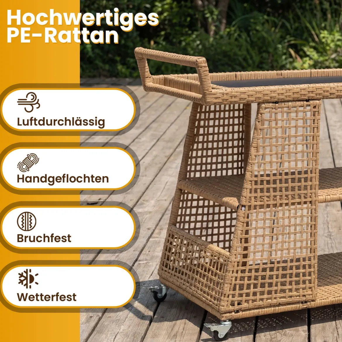 Rattan Servierwagen mit Rollen & Arbeitsplatte & Offenen Ablagen & Seitlichem Griff Küchenwagen