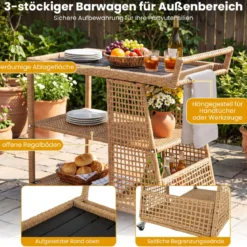 Rattan Servierwagen mit Rollen & Arbeitsplatte & Offenen Ablagen & Seitlichem Griff Küchenwagen