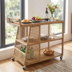 Rattan Servierwagen mit Rollen & Arbeitsplatte & Offenen Ablagen & Seitlichem Griff Küchenwagen