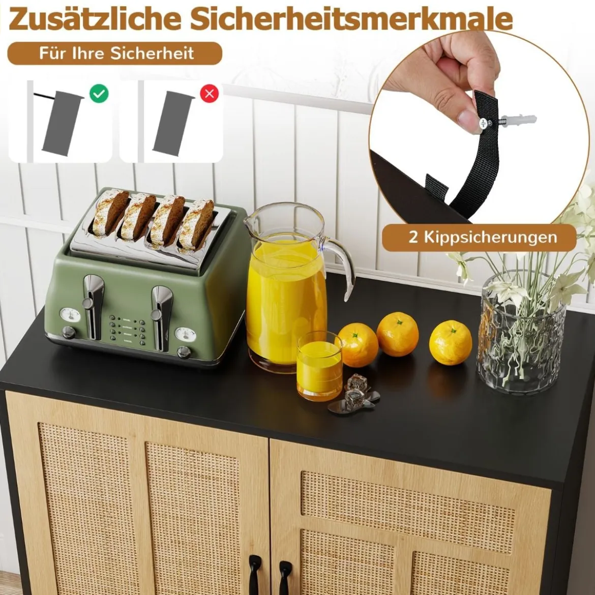 Rattan Sideboard mit 3-Fach Verstellbarem Regal & 2 Türen Boho Buffet Akzentschrank Schwarz