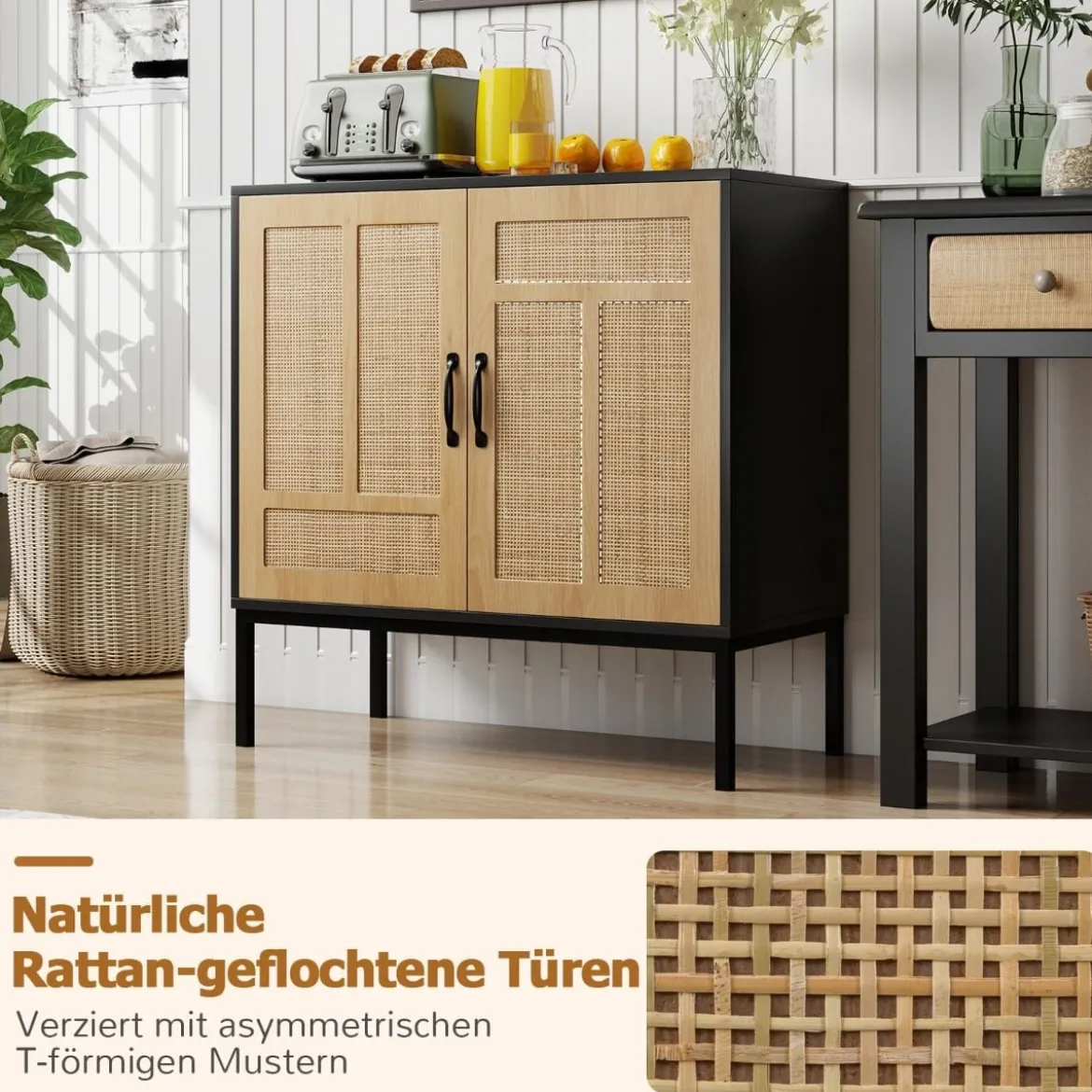 Rattan Sideboard mit 3-Fach Verstellbarem Regal & 2 Türen Boho Buffet Akzentschrank Schwarz