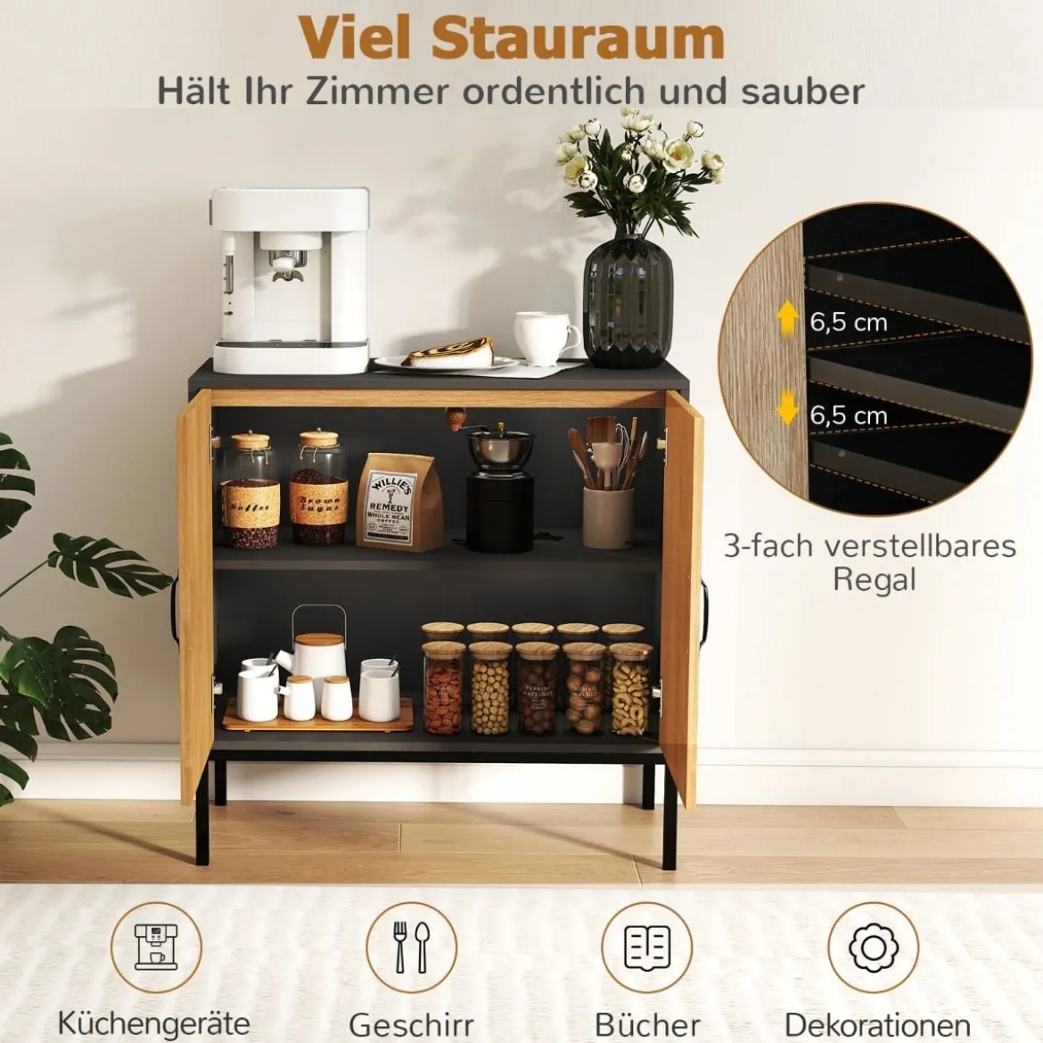 Rattan Sideboard mit 3-Fach Verstellbarem Regal & 2 Türen Boho Buffet Akzentschrank Schwarz