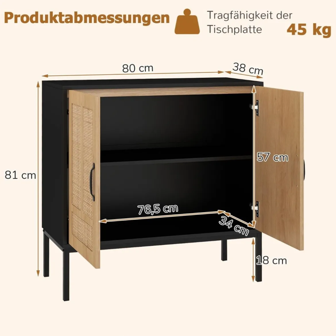 Rattan Sideboard mit 3-Fach Verstellbarem Regal & 2 Türen Boho Buffet Akzentschrank Schwarz
