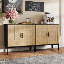 Rattan Sideboard mit 3-Fach Verstellbarem Regal & 2 Türen Boho Buffet Akzentschrank Schwarz