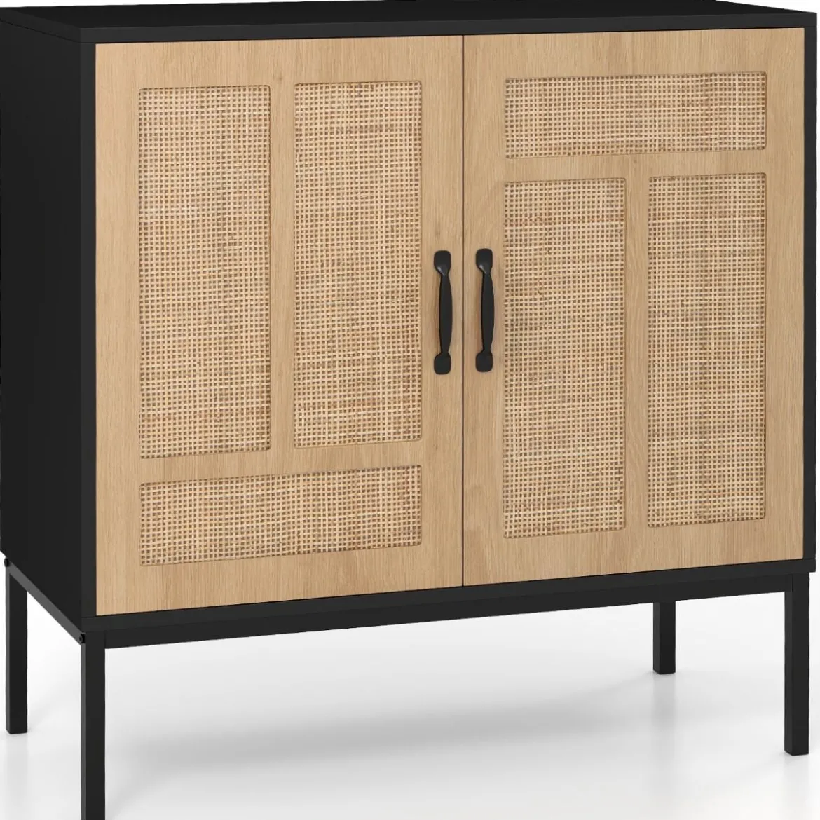 Rattan Sideboard mit 3-Fach Verstellbarem Regal & 2 Türen Boho Buffet Akzentschrank Schwarz
