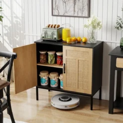 Rattan Sideboard mit 3-Fach Verstellbarem Regal & 2 Türen Boho Buffet Akzentschrank Schwarz
