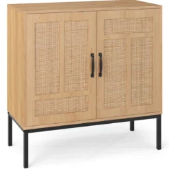 Rattan Sideboard mit 3-Fach Verstellbarem Regal & 2 Türen Boho Buffet Akzentschrank Natur