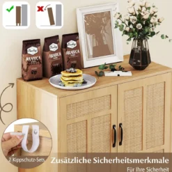 Rattan Sideboard mit 3-Fach Verstellbarem Regal & 2 Türen Boho Buffet Akzentschrank Natur