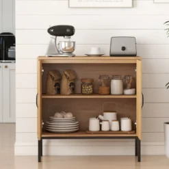 Rattan Sideboard mit 3-Fach Verstellbarem Regal & 2 Türen Boho Buffet Akzentschrank Natur