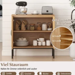 Rattan Sideboard mit 3-Fach Verstellbarem Regal & 2 Türen Boho Buffet Akzentschrank Natur