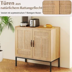 Rattan Sideboard mit 3-Fach Verstellbarem Regal & 2 Türen Boho Buffet Akzentschrank Natur
