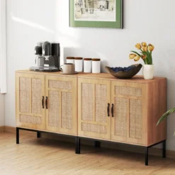 Rattan Sideboard mit 3-Fach Verstellbarem Regal & 2 Türen Boho Buffet Akzentschrank Natur