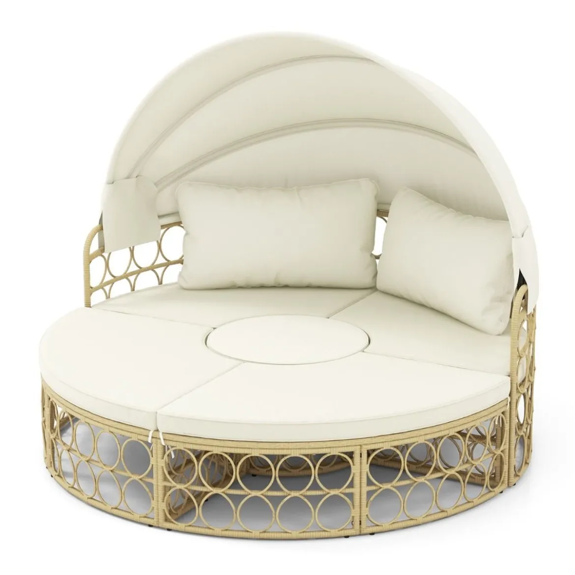 Rattan Sonneninsel Rundes Tagesbett mit Beistelltisch einziehbarem Baldachin und Kissen