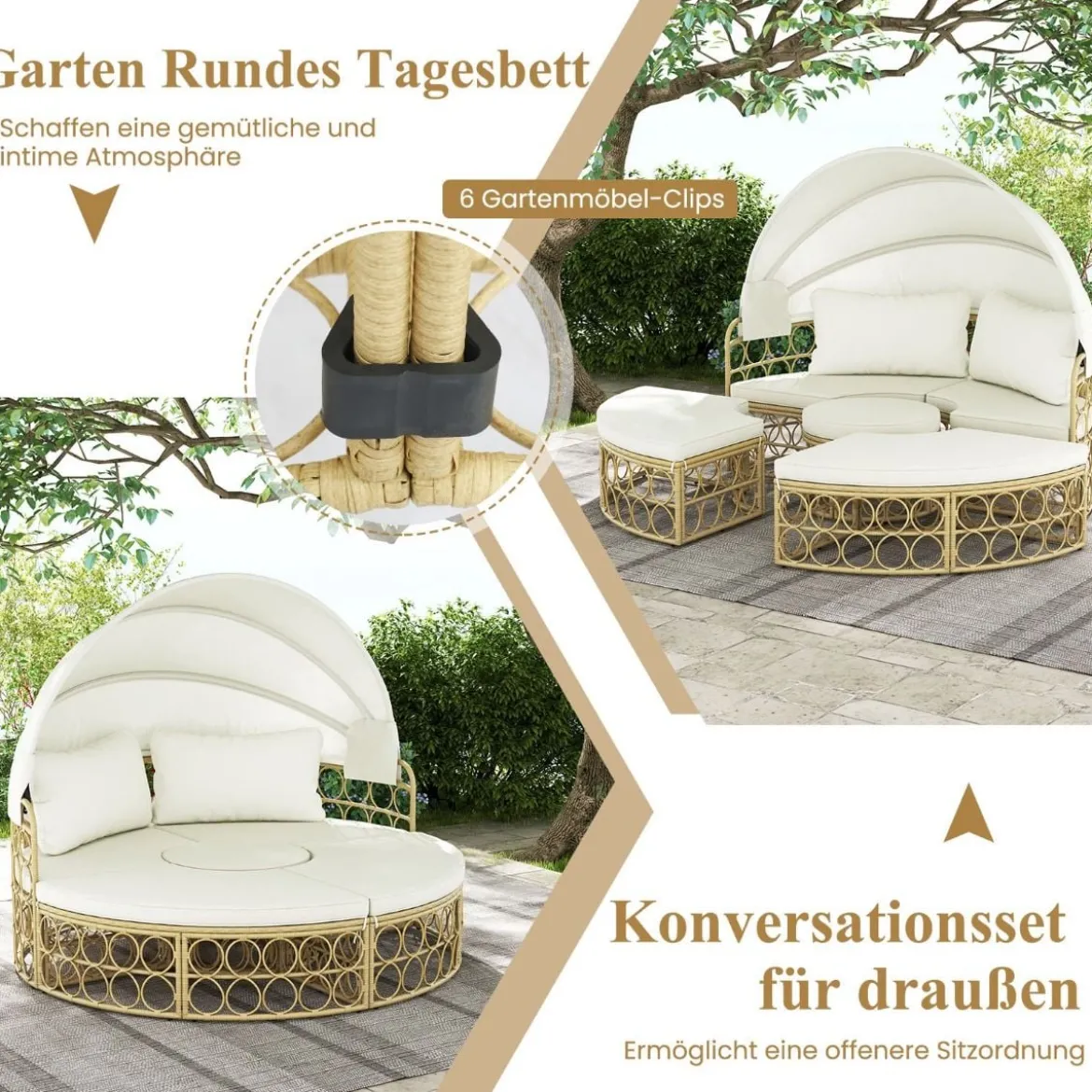Rattan Sonneninsel Rundes Tagesbett mit Beistelltisch einziehbarem Baldachin und Kissen