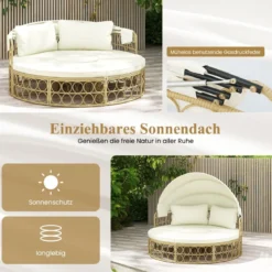 Rattan Sonneninsel Rundes Tagesbett mit Beistelltisch einziehbarem Baldachin und Kissen
