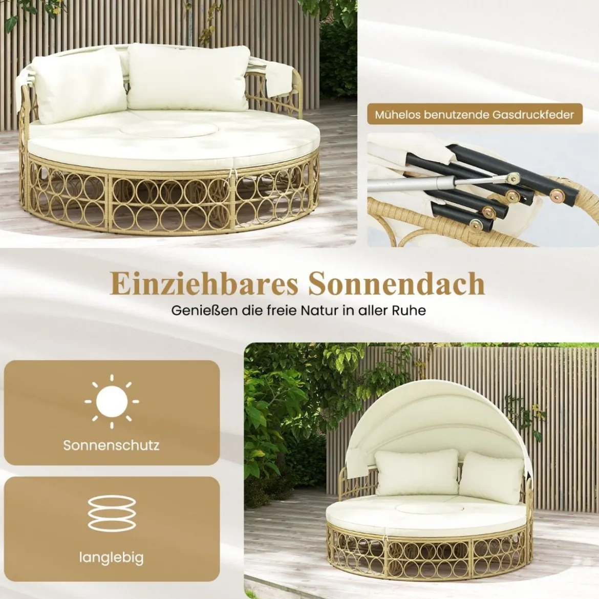 Rattan Sonneninsel Rundes Tagesbett mit Beistelltisch einziehbarem Baldachin und Kissen