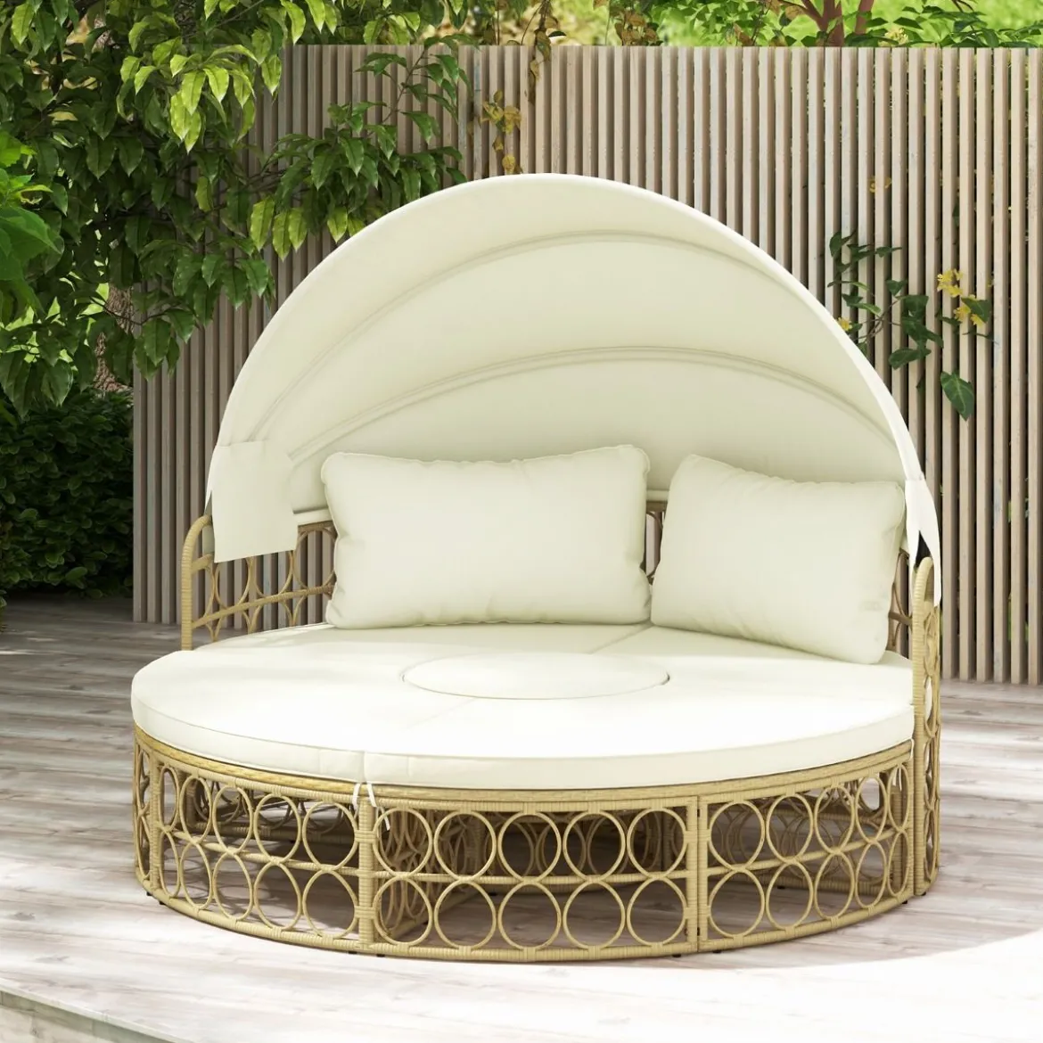 Rattan Sonneninsel Rundes Tagesbett mit Beistelltisch einziehbarem Baldachin und Kissen
