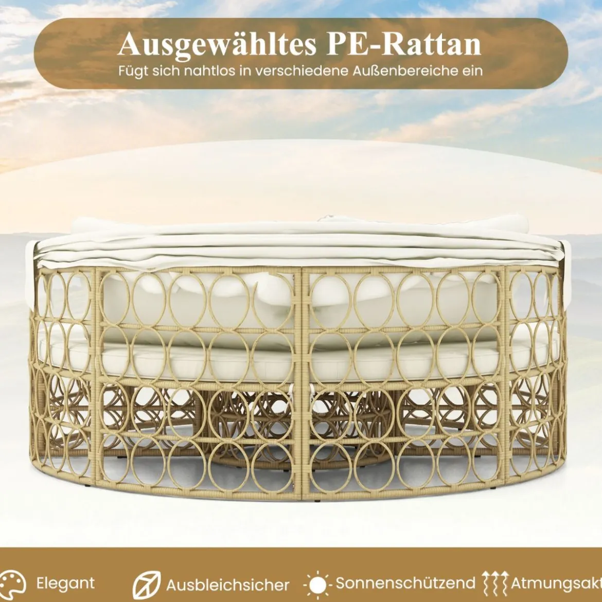 Rattan Sonneninsel Rundes Tagesbett mit Beistelltisch einziehbarem Baldachin und Kissen