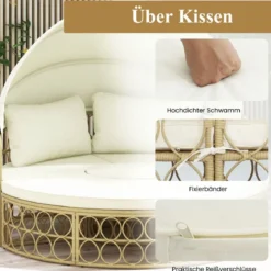 Rattan Sonneninsel Rundes Tagesbett mit Beistelltisch einziehbarem Baldachin und Kissen