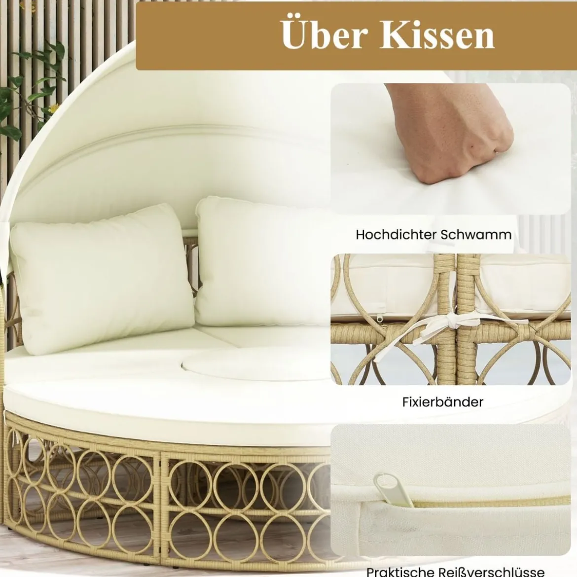 Rattan Sonneninsel Rundes Tagesbett mit Beistelltisch einziehbarem Baldachin und Kissen