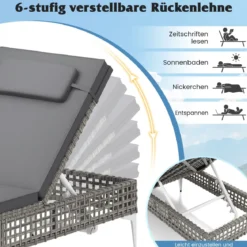 Rattan Sonnenliege Gartenliege mit Auflage & Kopfstütze & Verstellbarer Rückenlehne Balkonliege