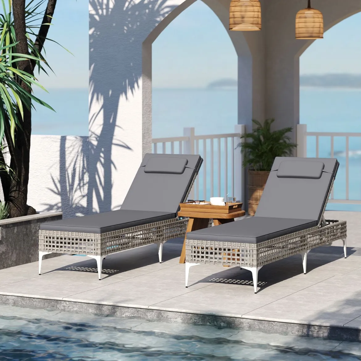 Rattan Sonnenliege Gartenliege mit Auflage & Kopfstütze & Verstellbarer Rückenlehne Balkonliege