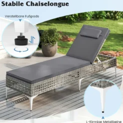Rattan Sonnenliege Gartenliege mit Auflage & Kopfstütze & Verstellbarer Rückenlehne Balkonliege