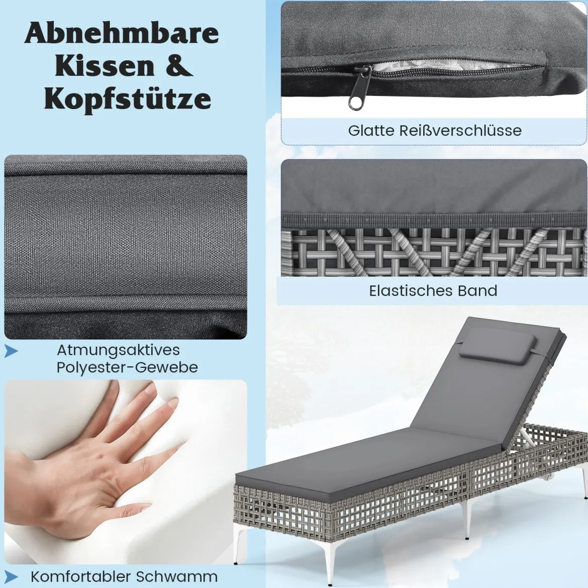 Rattan Sonnenliege Gartenliege mit Auflage & Kopfstütze & Verstellbarer Rückenlehne Balkonliege