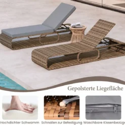 Rattan Sonnenliege mit Auflage & Verstellbarer Rückenlehne Wetterfeste Balkonliege Beige/Grau/Kahki