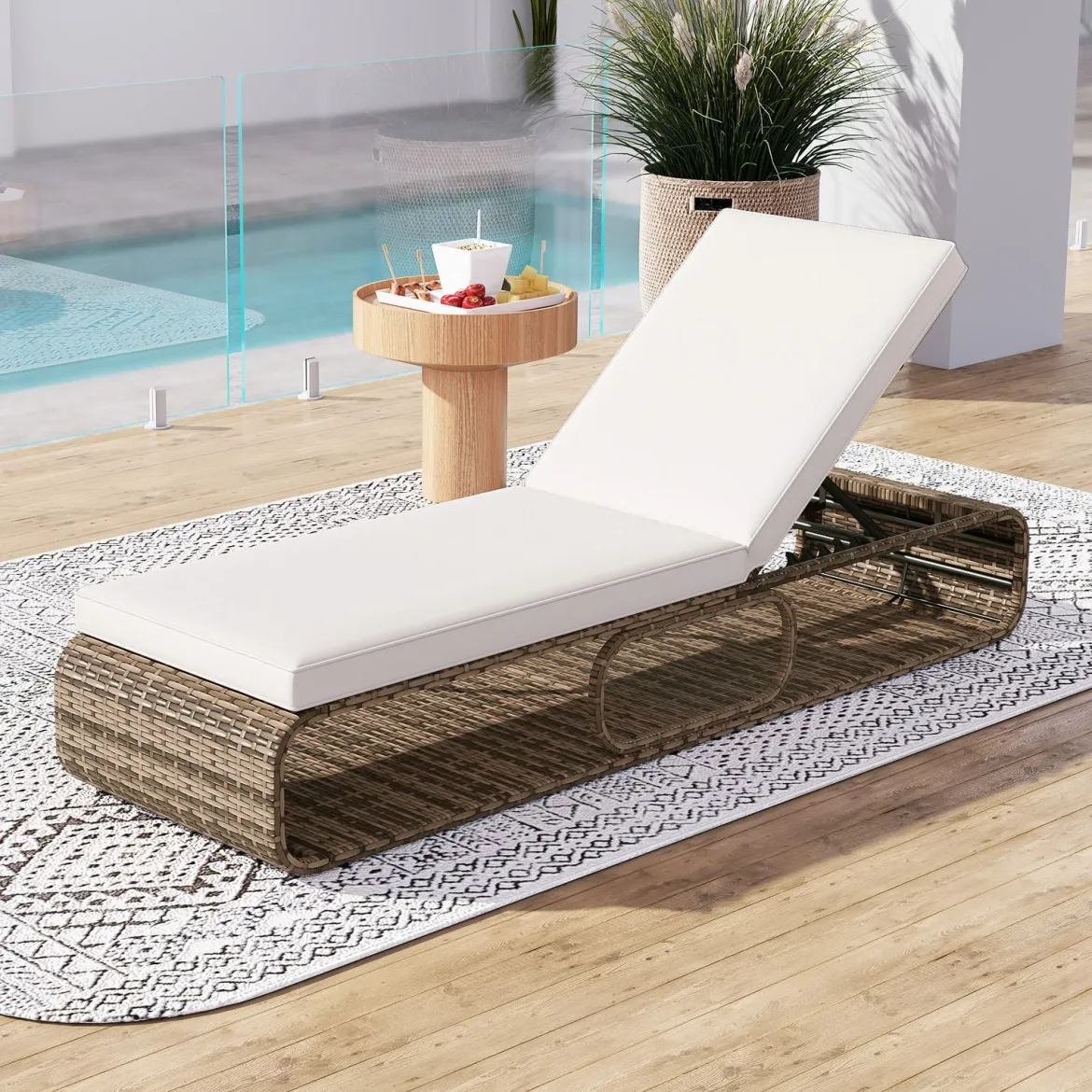 Rattan Sonnenliege mit Auflage & Verstellbarer Rückenlehne Wetterfeste Balkonliege Beige/Grau/Kahki