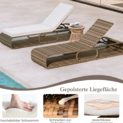 Rattan Sonnenliege mit Auflage & Verstellbarer Rückenlehne Wetterfeste Balkonliege Beige/Grau/Kahki