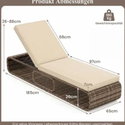 Rattan Sonnenliege mit Auflage & Verstellbarer Rückenlehne Wetterfeste Balkonliege Beige/Grau/Kahki