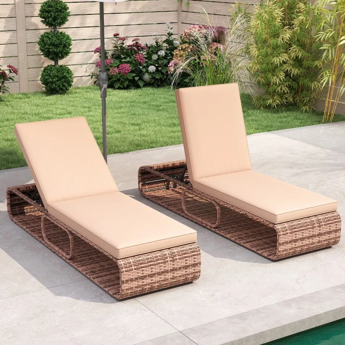 Rattan Sonnenliege mit Auflage & Verstellbarer Rückenlehne Wetterfeste Balkonliege Beige/Grau/Kahki