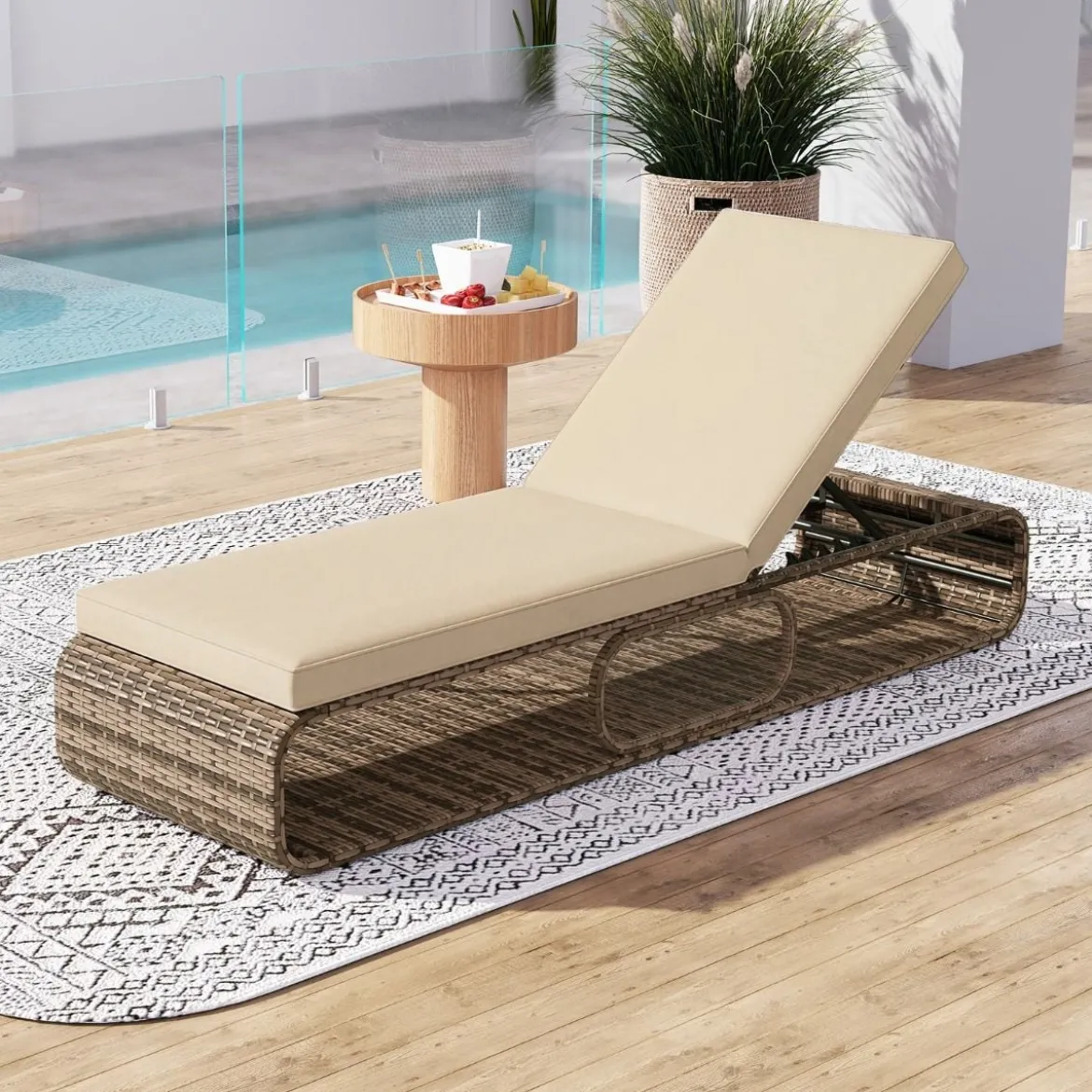 Rattan Sonnenliege mit Auflage & Verstellbarer Rückenlehne Wetterfeste Balkonliege Beige/Grau/Kahki