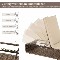 Rattan Sonnenliege mit Auflage & Verstellbarer Rückenlehne Wetterfeste Balkonliege Beige/Grau/Kahki