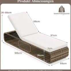 Rattan Sonnenliege mit Auflage & Verstellbarer Rückenlehne Wetterfeste Balkonliege Beige/Grau/Kahki