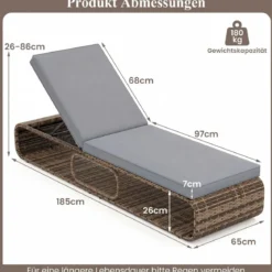 Rattan Sonnenliege mit Auflage & Verstellbarer Rückenlehne Wetterfeste Balkonliege Beige/Grau/Kahki