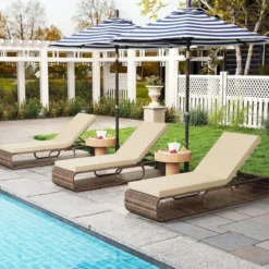Rattan Sonnenliege mit Auflage & Verstellbarer Rückenlehne Wetterfeste Balkonliege Beige/Grau/Kahki