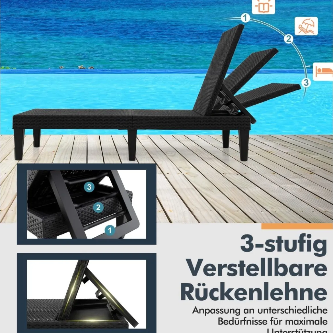 Rattan Sonnenliege mit Verstellbarer Rückenlehne bis 150 kg Belastbar Wetterfeste Gartenliege