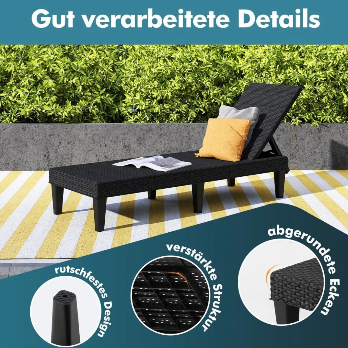 Rattan Sonnenliege mit Verstellbarer Rückenlehne bis 150 kg Belastbar Wetterfeste Gartenliege