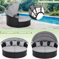 Rattan Sonnenliege rund 2-3 Personen Gartenliege mit Sitzkissen & Rückenkissen & einziehbarem Baldachin Grau