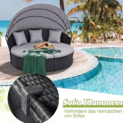 Rattan Sonnenliege rund 2-3 Personen Gartenliege mit Sitzkissen & Rückenkissen & einziehbarem Baldachin Grau