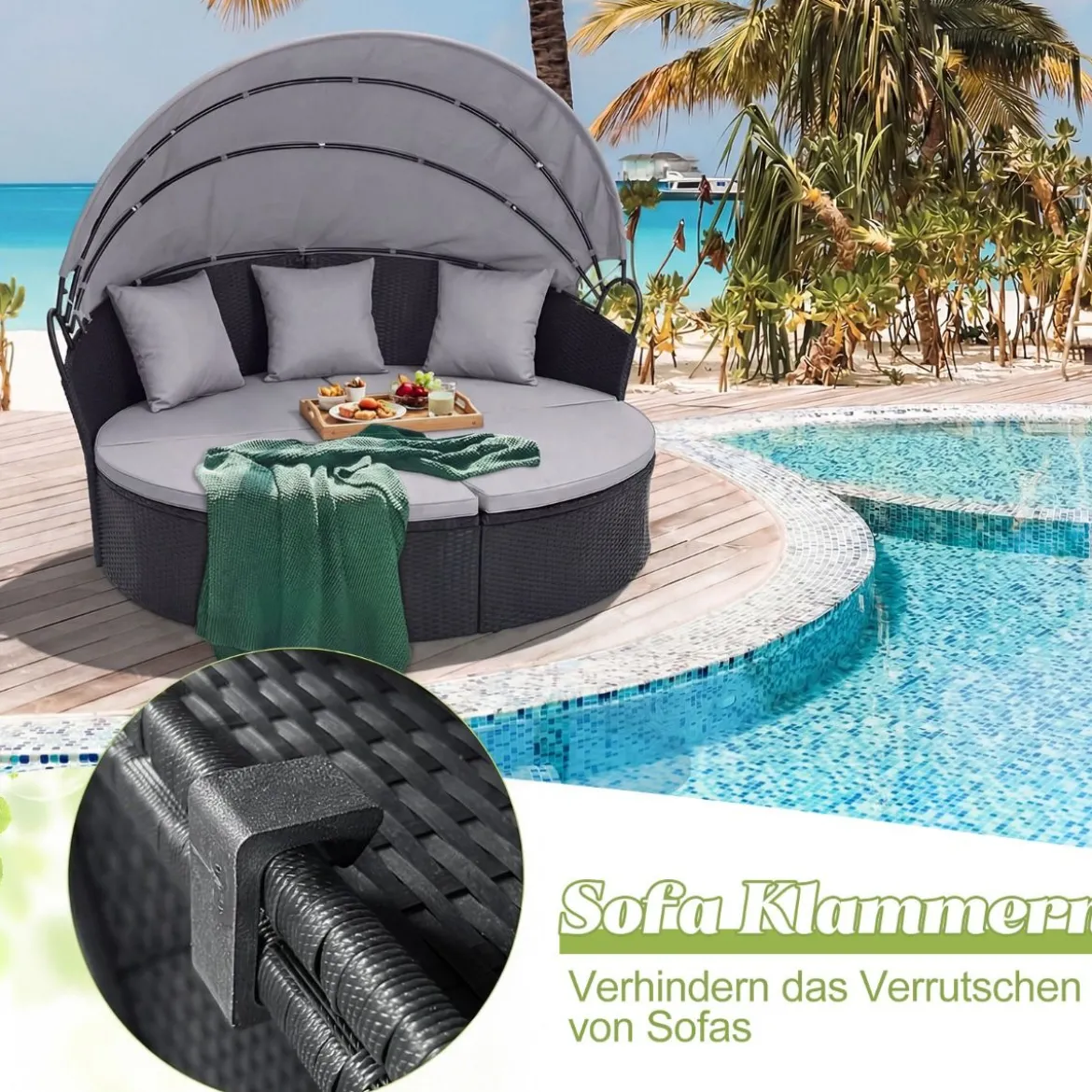 Rattan Sonnenliege rund 2-3 Personen Gartenliege mit Sitzkissen & Rückenkissen & einziehbarem Baldachin Grau
