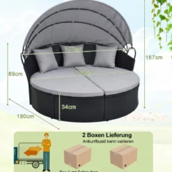 Rattan Sonnenliege rund 2-3 Personen Gartenliege mit Sitzkissen & Rückenkissen & einziehbarem Baldachin Grau