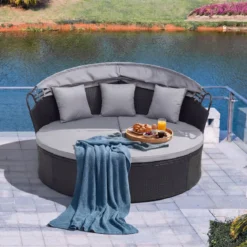 Rattan Sonnenliege rund 2-3 Personen Gartenliege mit Sitzkissen & Rückenkissen & einziehbarem Baldachin Grau